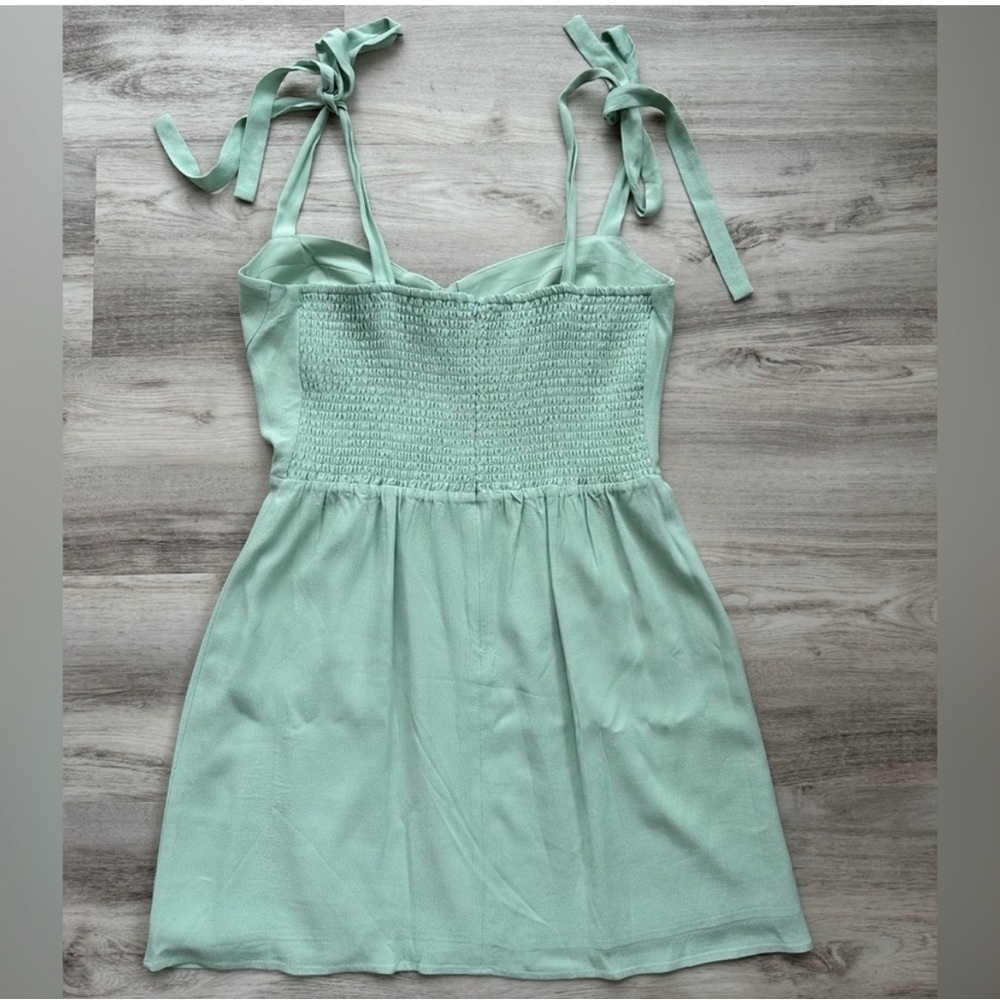 WAYF Sage Green Mini Dress Tie Strap Smocked Back Slit Soft Girl Size Small NWT - Picture 3 of 6